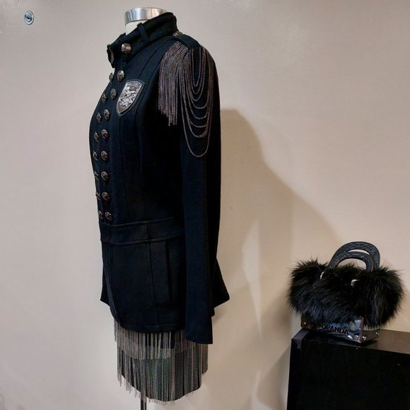 💥KILLER DESIGN💥Vintage Steampunk Chain Shoulder Military Wool Coat in Black - Picture 9 of 16